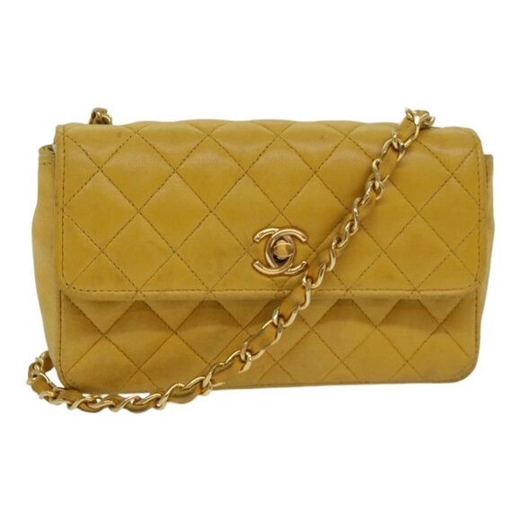 CHANEL Mini Matelasse Chain Shoulder Bag Lamb Skin Yellow Gold - Picture 1 of 15